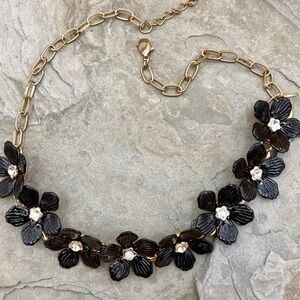 Black painted flower with crystal center and‎ gold tone chain choker Necklace